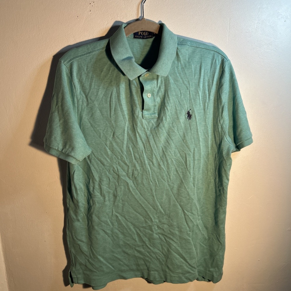 Polo Ralph Lauren Mens Slim Fit‎ Medium Polo Blue Teal Solid Cotton Orange Pony
